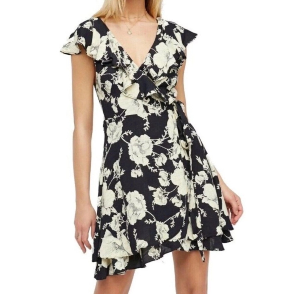 Free People French Quarter Mini Wrap Dress Black Floral Print S
